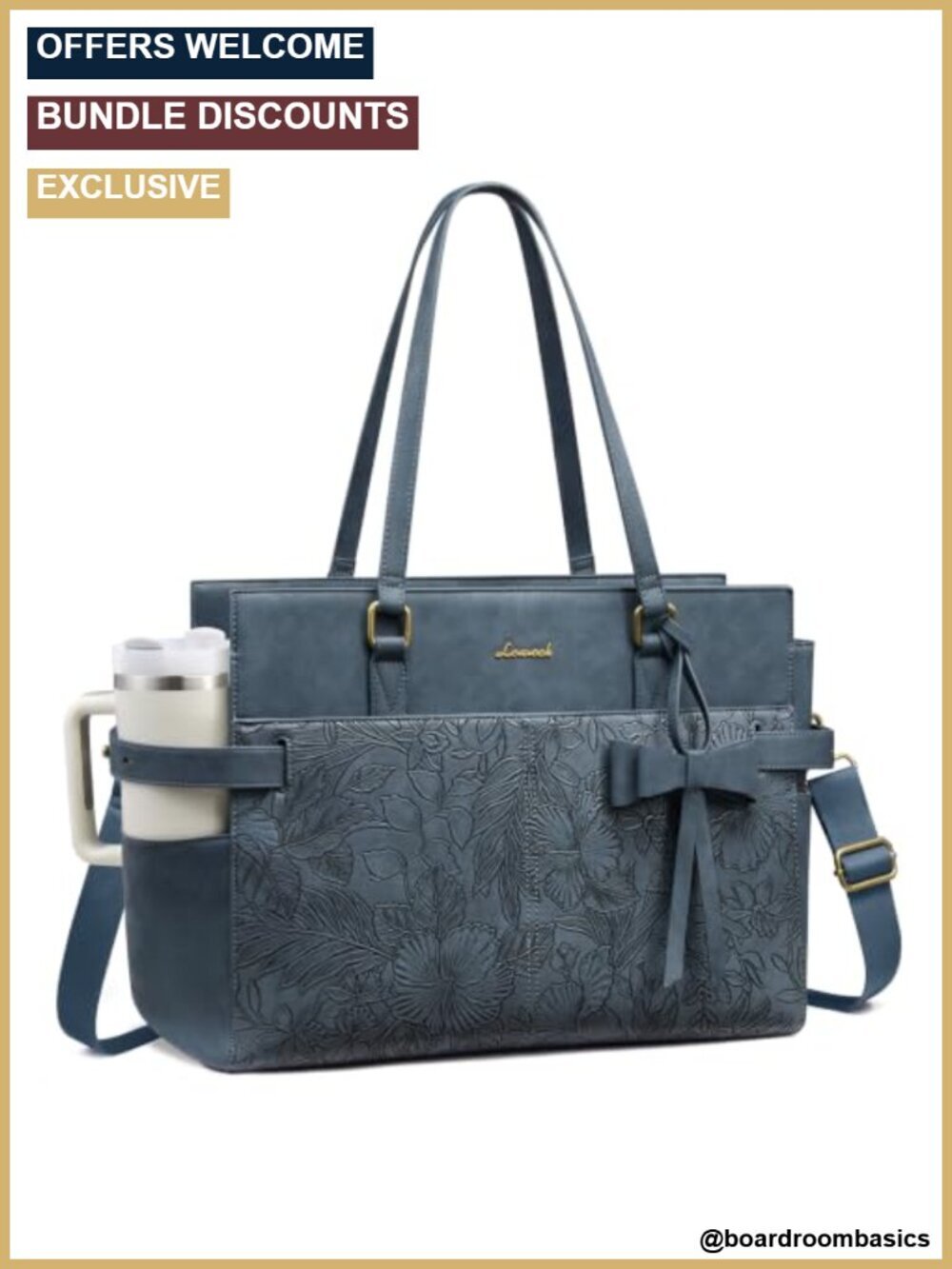 PU Leather Laptop Tote with Cup Holder, 3-Way Carry, Zipper Closure